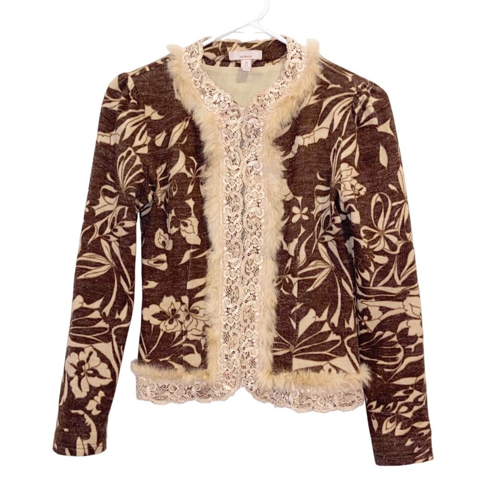 Moiselle Lace and Rabbit Fur Accented Cardigan Sweater Size Small